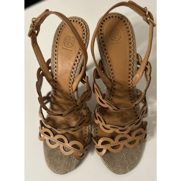 Tory Burch leather Scalloped Cutout Alingback Heels Tan Womens 8.5 - Picture 2 of 10